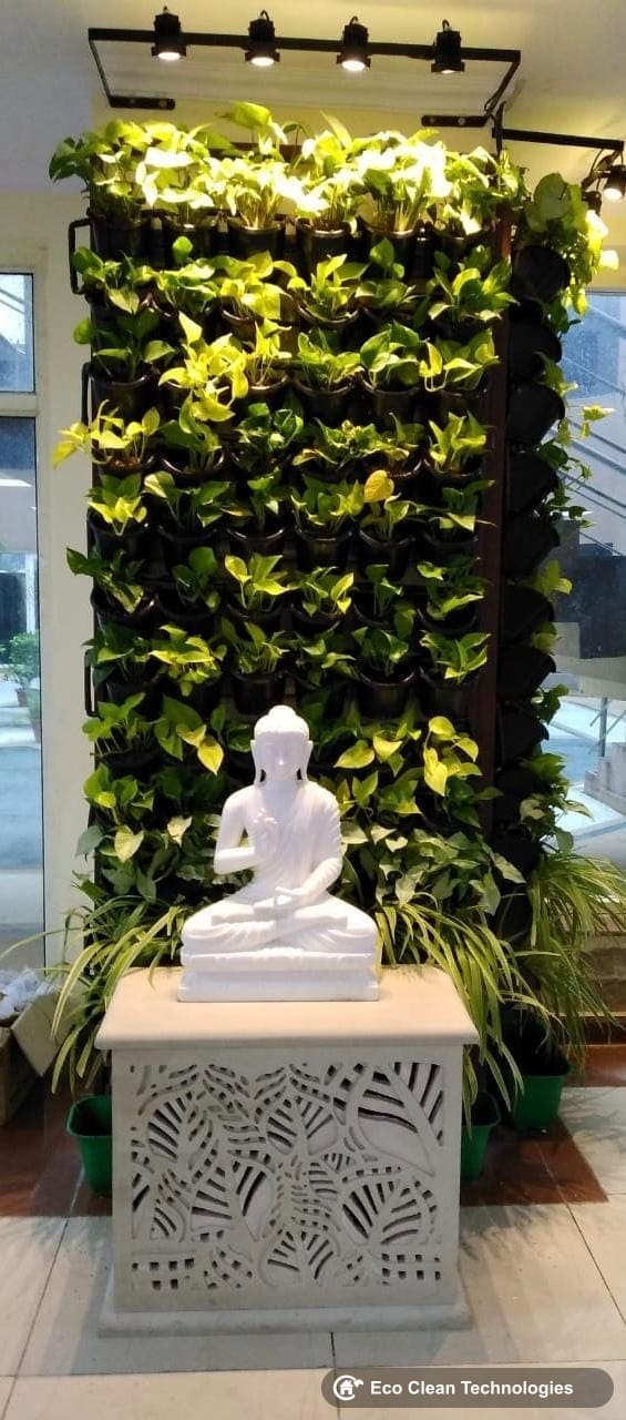 Vertical garden green wall with statue