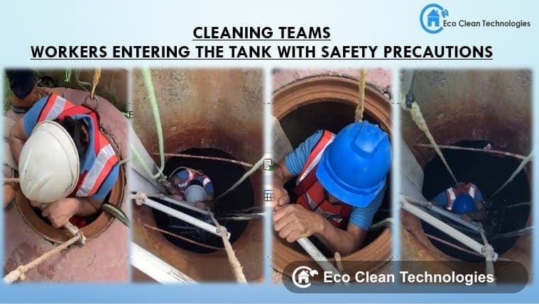 Eco Clean Technologies workers entering underground tank with safety harness