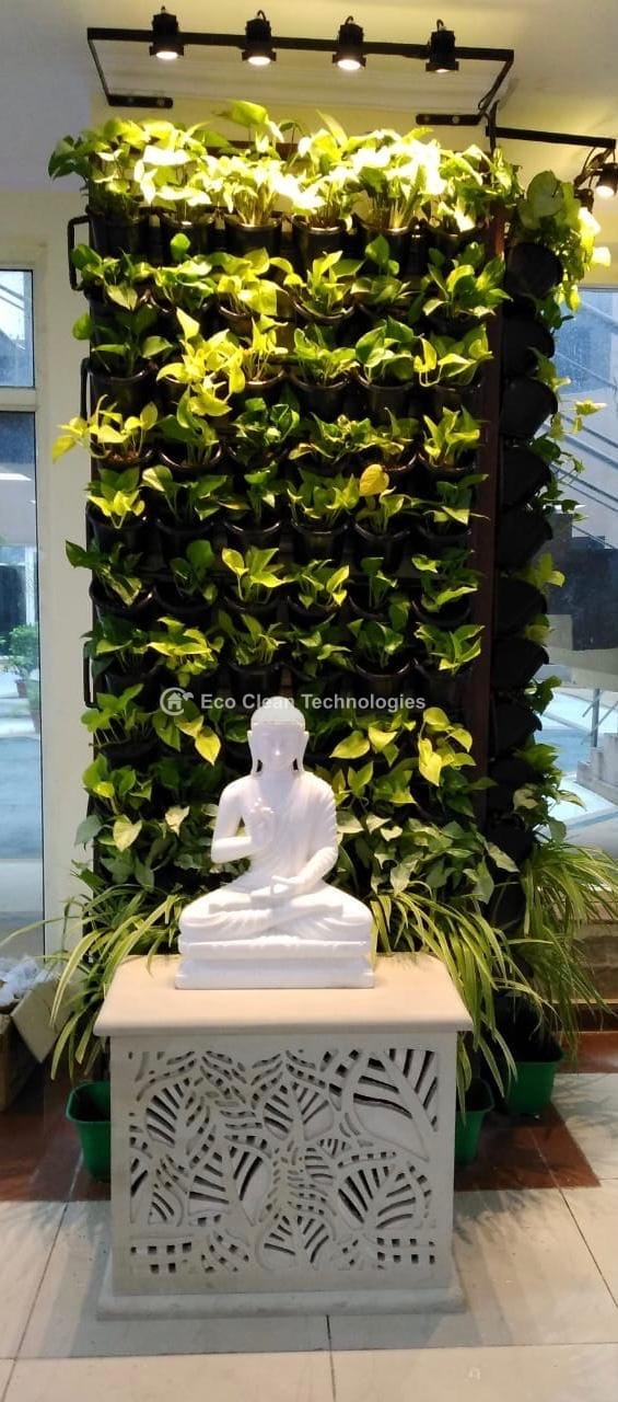 Vertical garden green wall with statue
