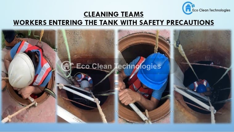 Eco Clean Technologies workers entering underground tank with safety harness