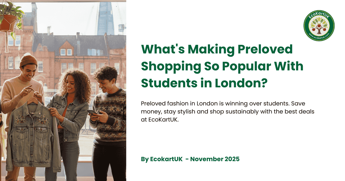 Students shopping preloved fashion in London online at Ecokartuk marketplace finding affordable secondhand clothing deals in Greater London