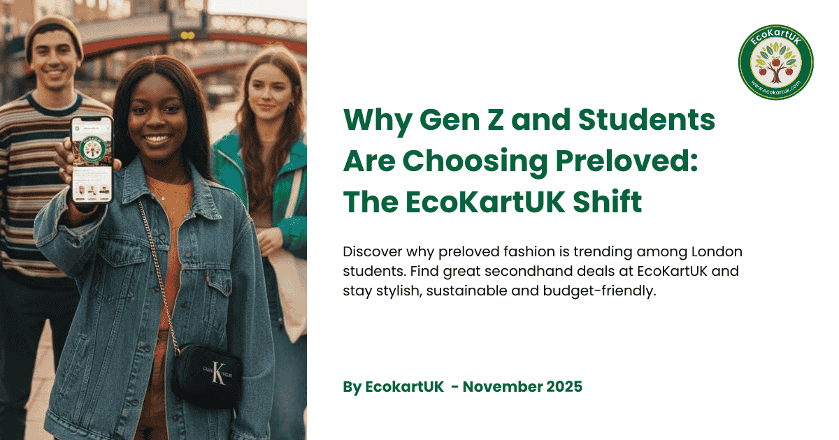 Gen Z students shopping preloved fashion on EcoKartUK marketplace in London wearing sustainable Adidas and designer clothing