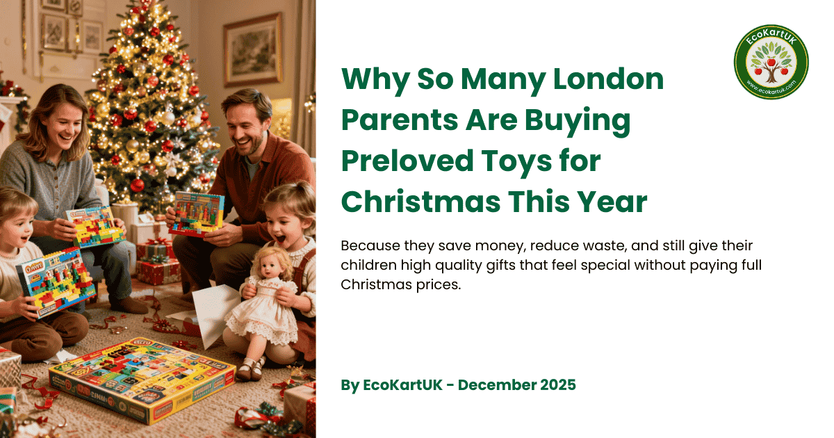 Happy London parents shopping for preloved toys for Christmas finding affordable gifts under £10 at Ecokartuk UK marketplace