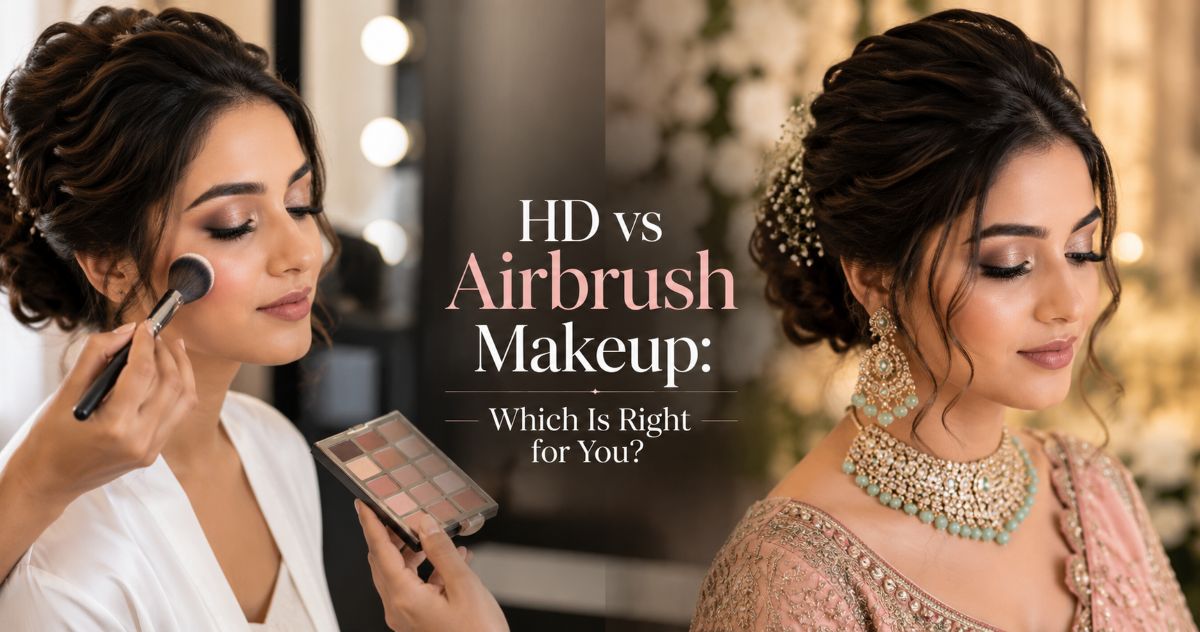 Split illustration comparing HD brush makeup and airbrush spray makeup