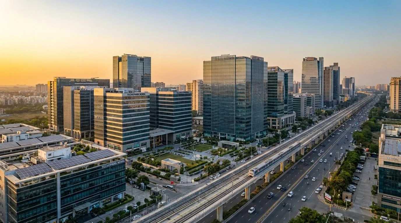 Wide angle aerial view of Noida commercial skyline in 2026 showing Grade-A glass office towers along Noida Expressway at golden hour with Delhi Metro Aqua Line tracks corporate campuses and landscaped plazas representing the city as India's smartest commercial property investment destination