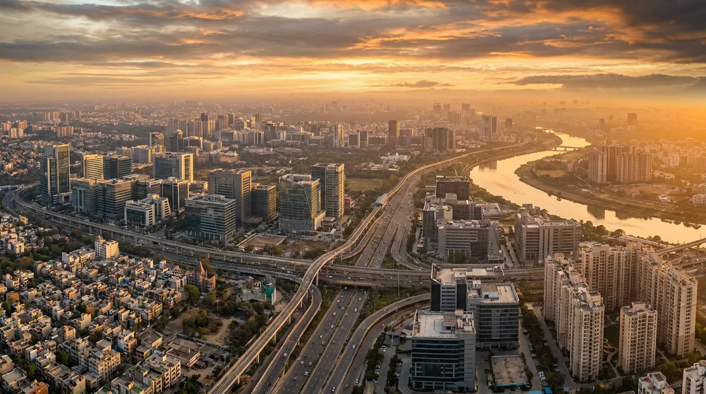 Ultra-wide aerial panoramic photograph of Delhi NCR metropolitan skyline showing multiple distinct commercial zones with modern glass office towers expressways metro rail lines and Yamuna river at golden hour representing the top 10 commercial property investment hotspots across India capital region