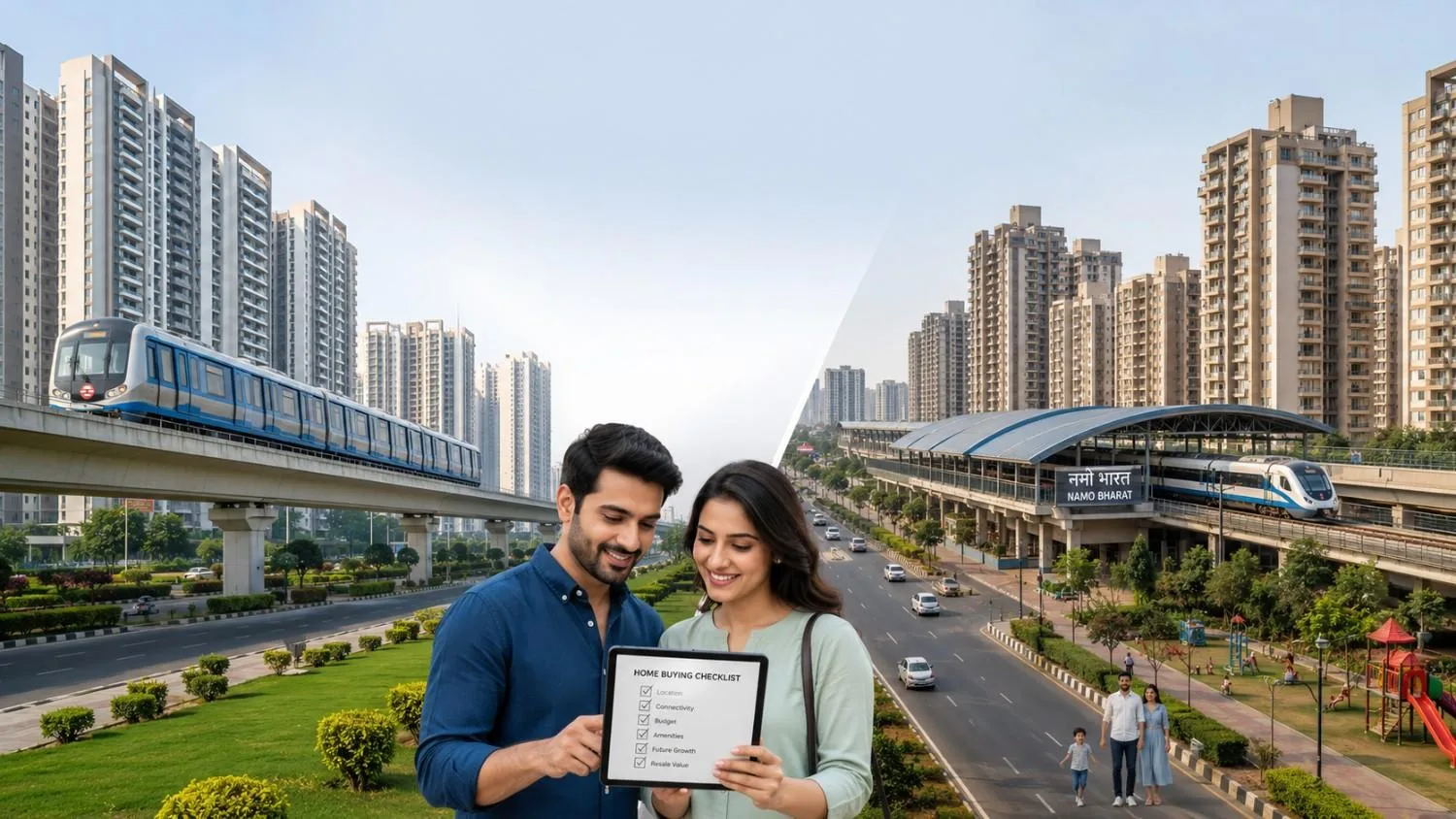 Young Indian couple comparing modern residential apartments in Noida and Ghaziabad with Metro and Namo Bharat connectivity for their first home purchase