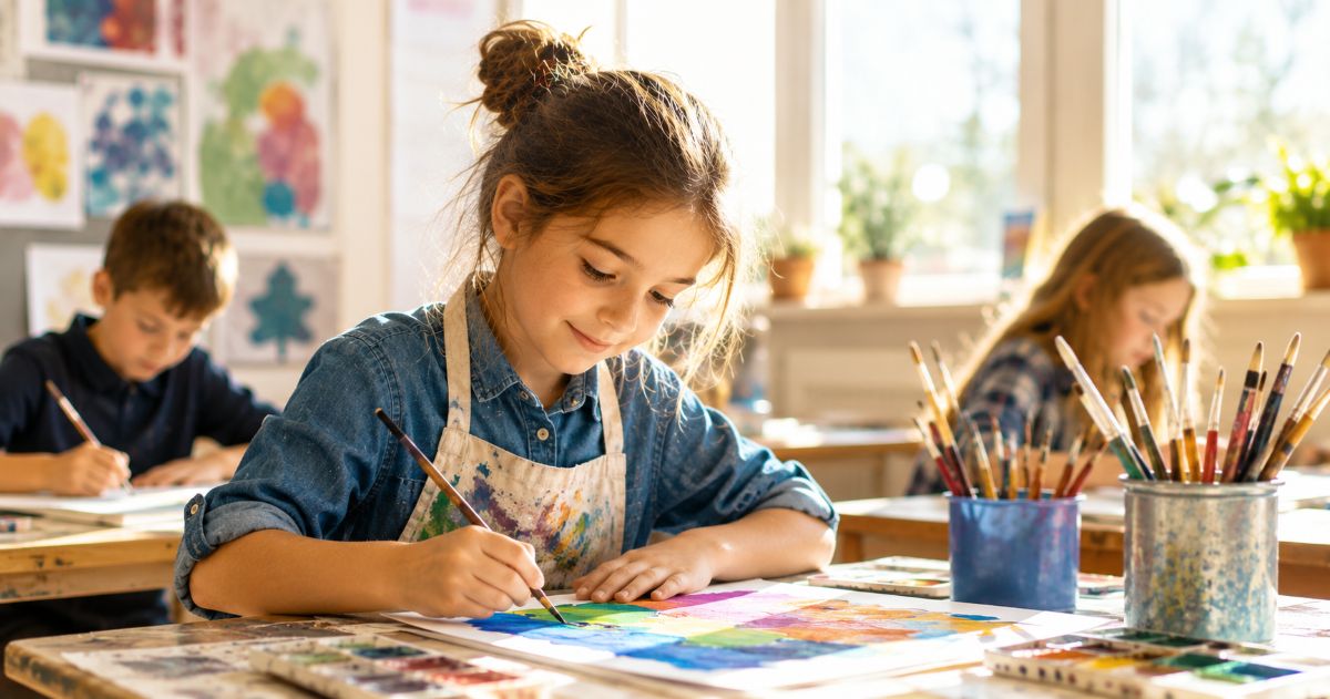 Illustration of a paintbrush, palette, and easel representing art and creative learning